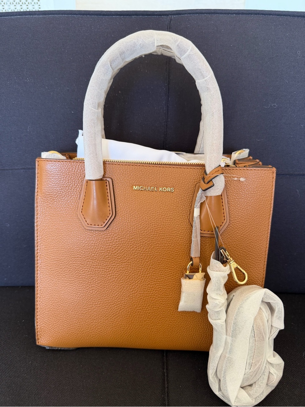 Michael Kors Mercer Pebbled Leather Satchel in Cognac